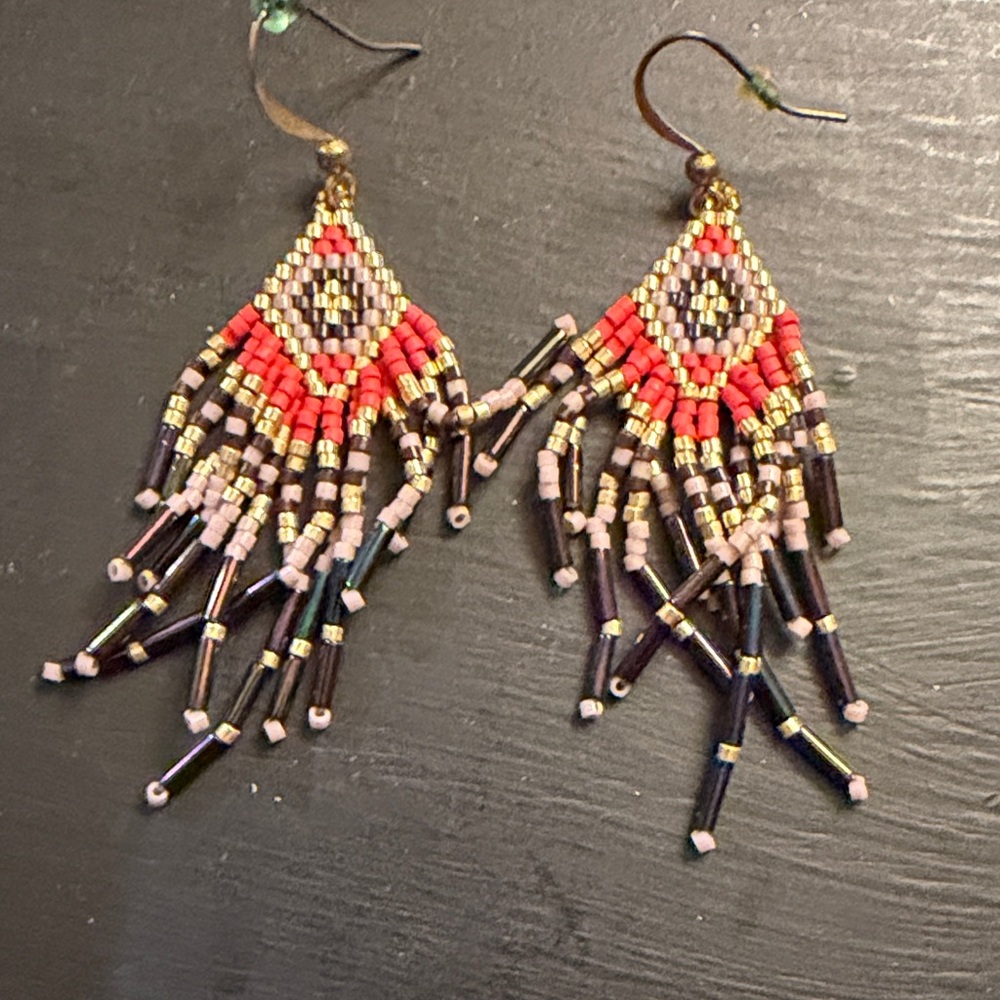 Beaded Fringe Earrings in Red and Gold